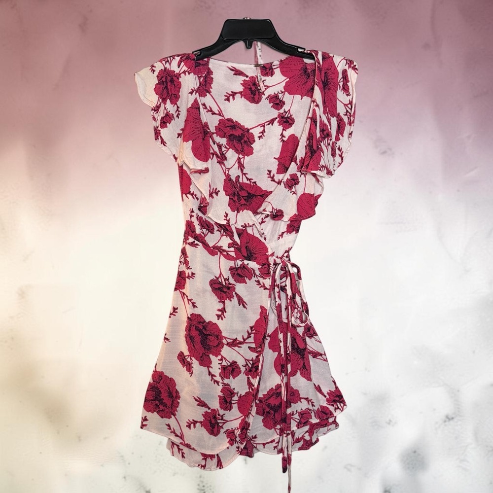 Free People Pink Red Floral Ruffle Wrap Mini Dress OB1151045 Womens Size Medium